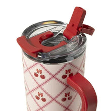 Stainless steel tumbler, red handle and clear lid with straw openings, lace cherry pattern