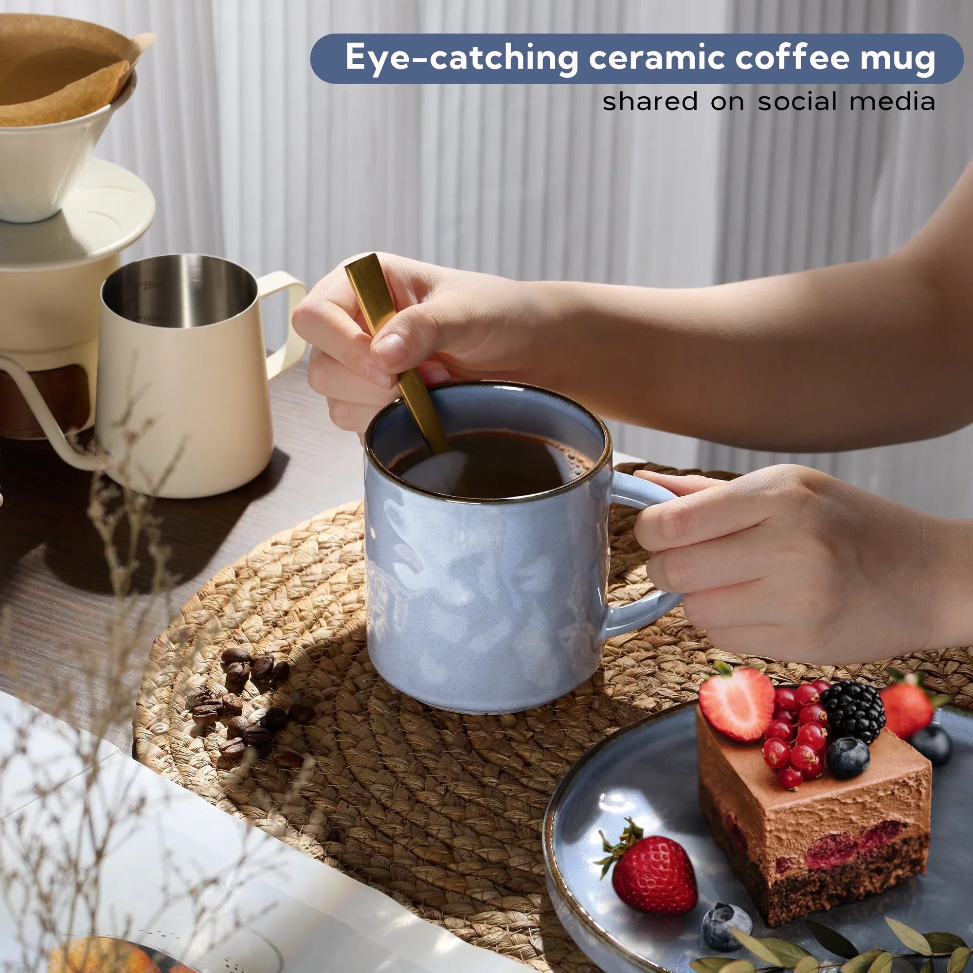 Vesteel Coffee Mug Set of 4, Ceramic Coffee Cups with Handles, 14oz Stoneware Mugs Set for Coffee Tea Milk, Wave Design Mug Gifts for Home Office Restaurant