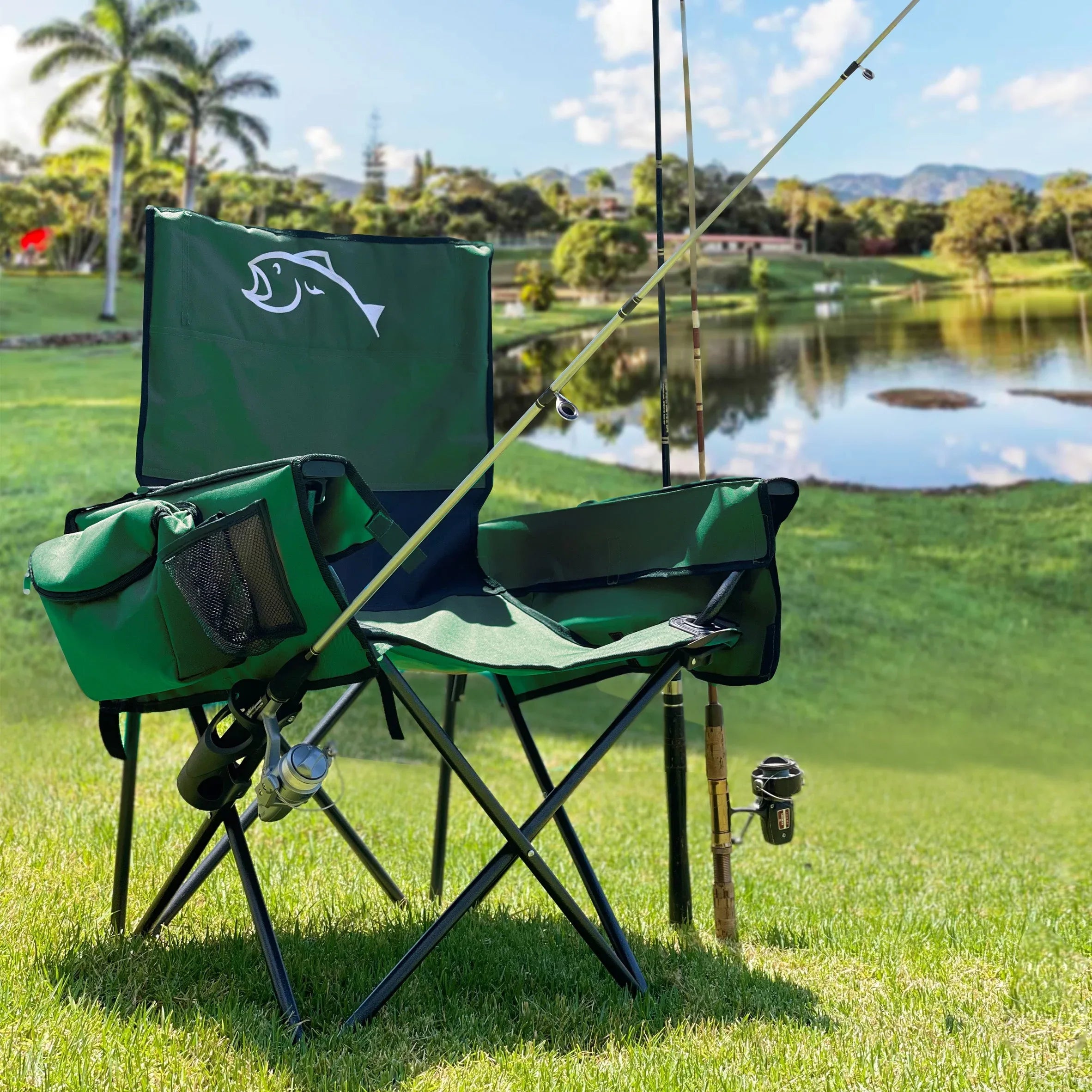Fishing Chair with Rod Holder Built In Cooler Hands Free Fishing Pole Holder - Storage Pouch Storage Bag for Fishing Accessories Full Size Portable & Folding Ruler for Measuring Fish - USA MEGA SHOP
