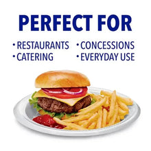 White foam lunch plate with burger, fries, and ketchup