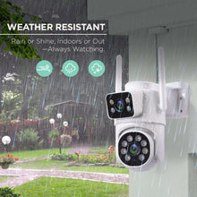 White weatherproof outdoor security camera with rain droplets and dual-lens module