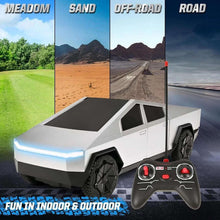 RC pickup truck with LED light bar and black off-road tires, remote controller included.