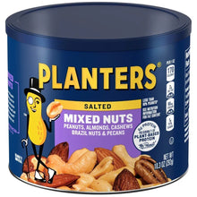 Planters salted mixed nuts canister, blue tin with nut mix on label
