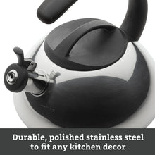 Silver stainless steel tea kettle with black lid, curved handle, and whistle spout