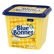 Vegetable oil spread tub, blue lid and yellow front panel, net wt 45 oz