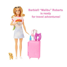 Blonde fashion doll with sunglasses and pink suitcase plus small puppy figure