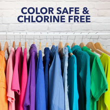 Color-safe chlorine-free claim shown above hanging colorful clothes on a rack