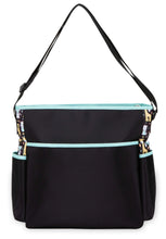 Monkey-print diaper tote bag with zip top, black with teal trim and front pockets