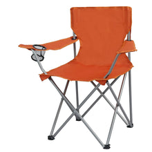 Orange folding camp chair with cup holder, mesh side pocket, padded seat and back
