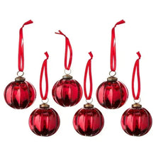 Six red glass ball ornaments with red ribbons and bronze caps, full set