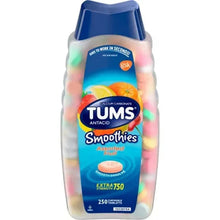 TUMS Smoothies antacid chewable tablets bottle, blue label with Assorted Fruit