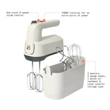 White electric hand mixer with beaters, dough hooks, whisk, and storage case