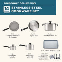 14-piece stainless steel cookware set with stockpot, frying pans, and bake sheet