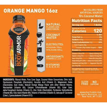 Orange mango 16 oz sports drink bottle with nutrition facts panel