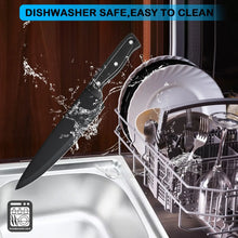 Black kitchen knife and dishwasher rack with water droplets