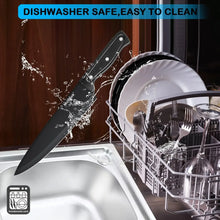 Dishwasher-safe black knife with water droplets, next to an open dishwasher rack.