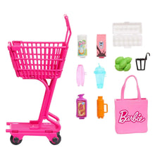 Pink Barbie shopping cart with grocery accessories and tote bag