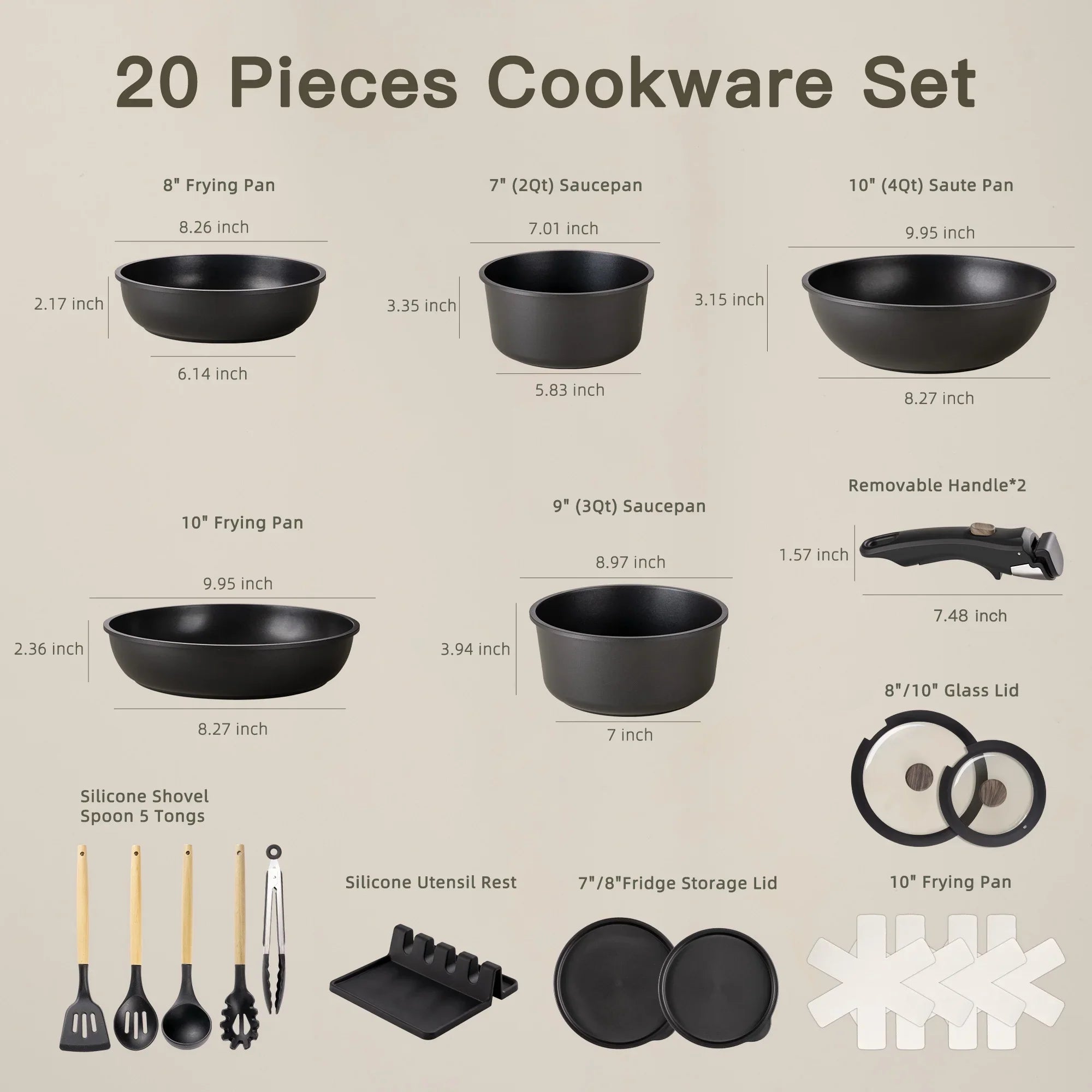 Astercook 20-Piece Pots and Pans Set, Nonstick Cookware Set with Detachable Handles, Oven & Dishwasher Safe, Induction Compatible, Stackable RV Kitchen Cooking Set