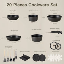 20-piece black nonstick cookware set with frying pans, saucepans, lids, and utensils