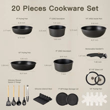 20-piece black cookware set with pans, lids, and storage accessories