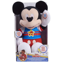 Singing Mickey Mouse plush toy in retail box, Lights and Sounds features shown