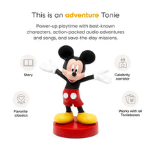 Mickey Mouse audio figurine with feature icons and text layout on card