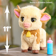 Cream and brown plush cow standing with pink ears, yellow nose bell, and blue bottle