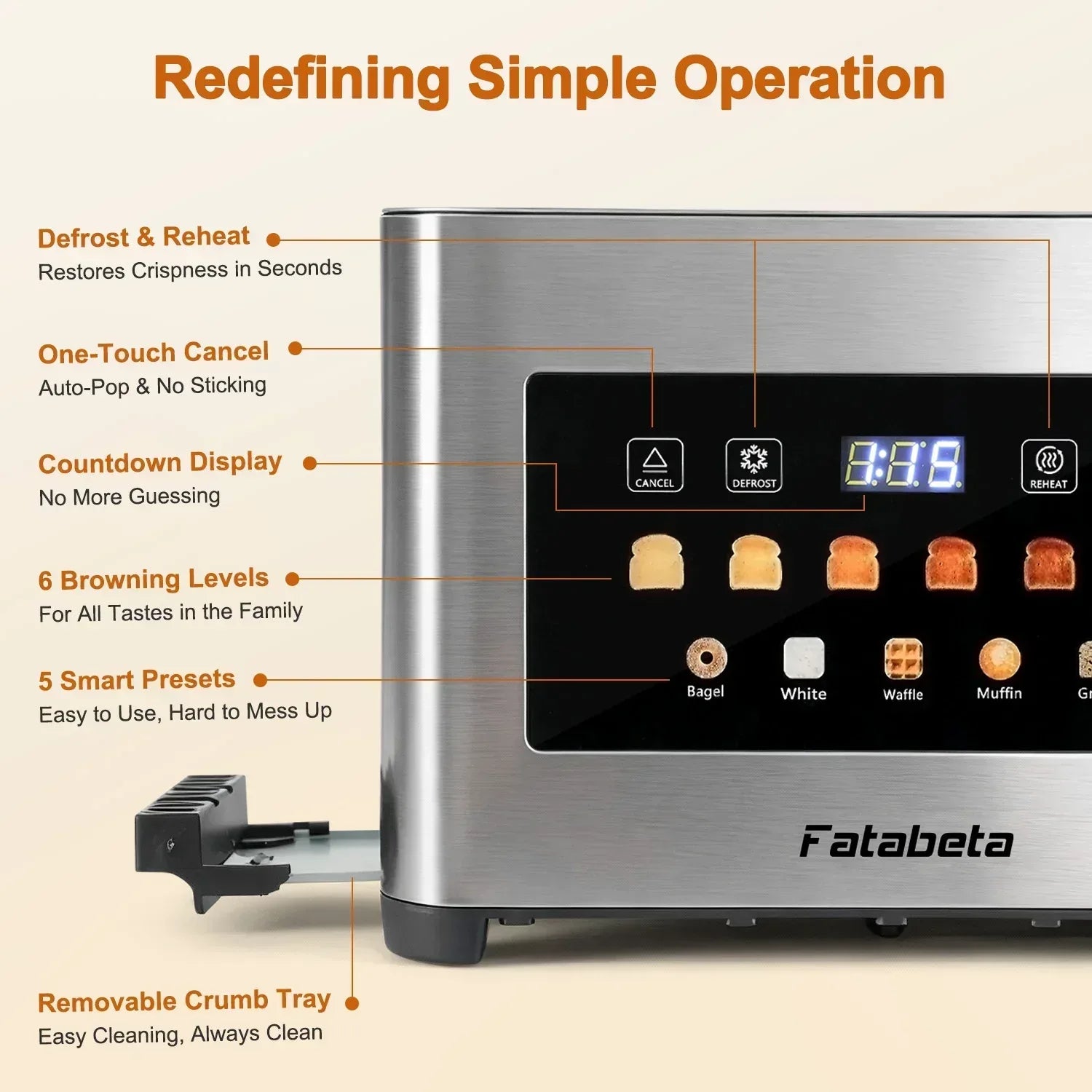 Fatabeta Toaster, 2 Slice Toaster with Dust Cover, Wide Slot for Bagel & Bread, 6-Shade Even Toasting, Defrost & Reheat, Smart LED Touchscreen, Stainless Steel