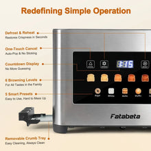 Stainless steel toaster with LED display, touch buttons, and removable crumb tray