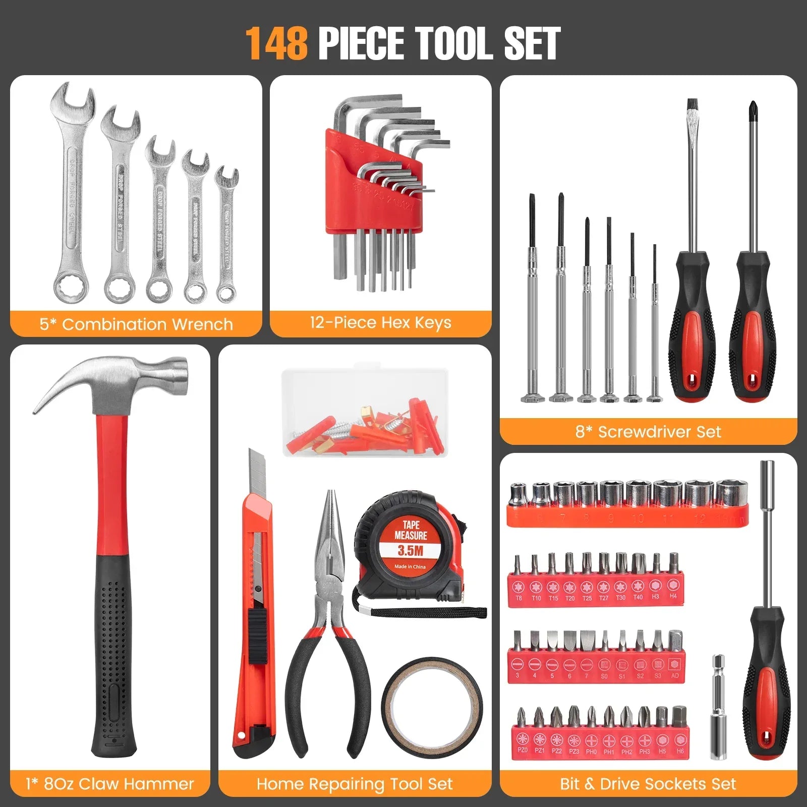 Cshidworld 148 Piece Tool Sets All Purpose Household Tool Kit, General Basic Home Repair Tool Set with Toolbox for Men Women, Household Hand Kit for Home Garage Office College Dormitory Use, Red