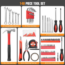148-piece tool set accessories on display: wrenches, screwdrivers, sockets, hammer