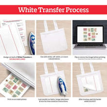 White fabric transfer paper usage steps with printed design, ironing, and backing peel
