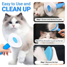 Blue and white self-cleaning grooming brush with circular comb head for pets