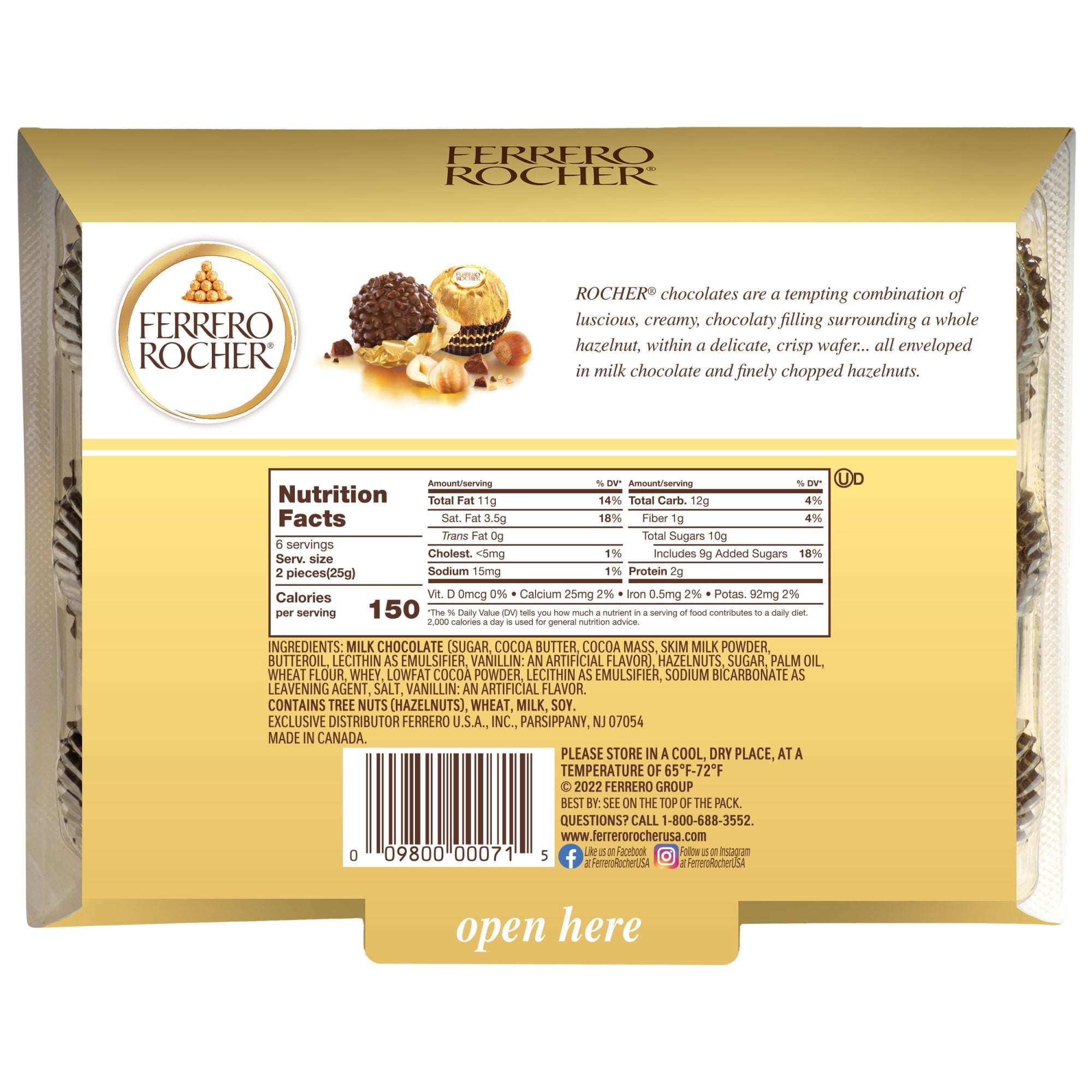 Ferrero Rocher Gourmet Hazelnut Milk Chocolate Gift Box, 12 Individually Wrapped Chocolates, 5.3 oz