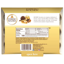 Ferrero Rocher chocolate gift box with gold design, logo, and open-here tab