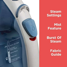 Steam iron control area with steam settings dial and mist selector