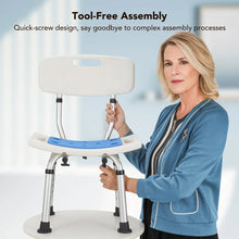 Shower chair with adjustable backrest and blue padded seat with tool-free assembly design