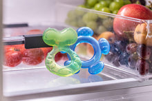 Blue and green teether pieces inside a freezer container