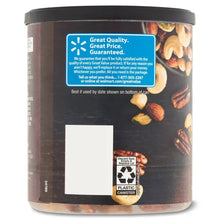 Back of deluxe mixed nuts canister with barcode and recycling icon