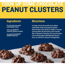 Recipe card for peanut clusters with ingredients and directions, plus chocolate-coated clusters