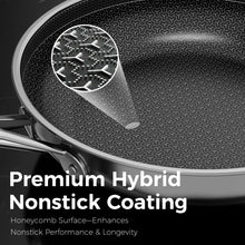 Black nonstick frying pan with textured honeycomb cooking surface and rim