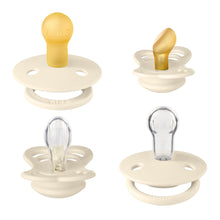 Four BIBS pacifiers in ivory with natural rubber and clear silicone nipples