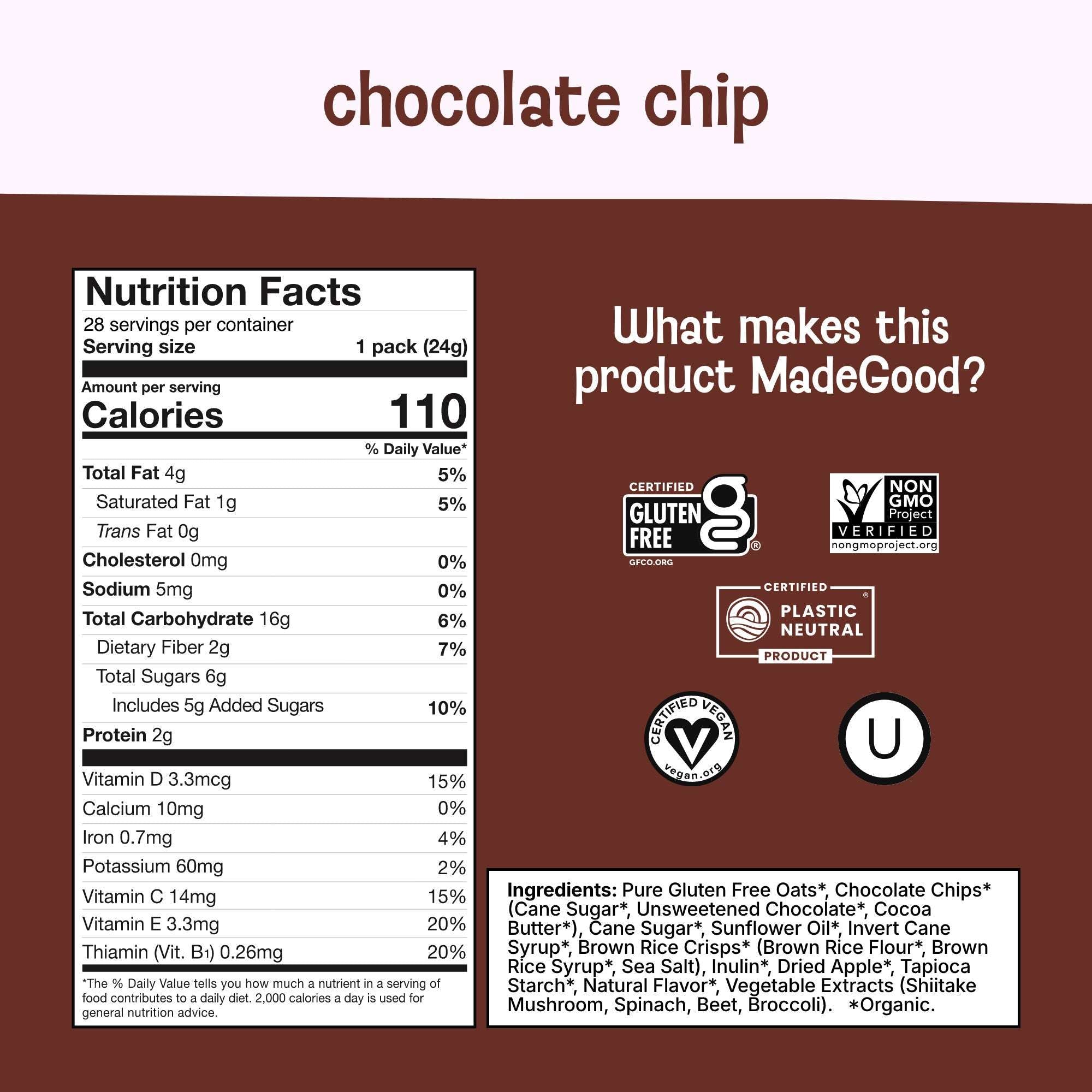 MadeGood Chocolate Chip Granola Minis, 30 Count, 0.85 Oz Each