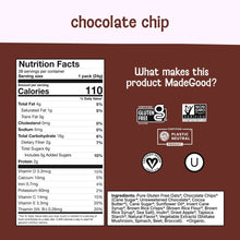 Nutrition facts label for chocolate chip granola minis, 28 servings per container.