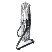 Black steel floor fan side view with protective grille and folding stand