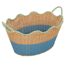 Two-tone rattan drink basket interior view with blue weave, tan rim, and green rope handles