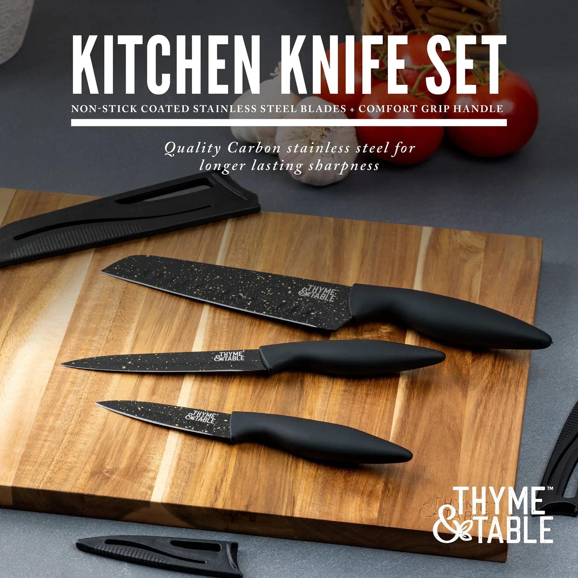 Thyme & Table Non-Stick Coated High Carbon Stainless Steel Speckled Kitchen Knives, 3 Piece Set