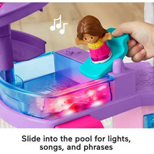 Dollhouse playset slide with turquoise pool and pink seat, with a small figure