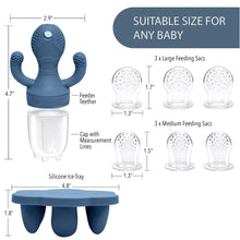 Blue silicone ice tray with octopus feeder teether and three clear feeding caps