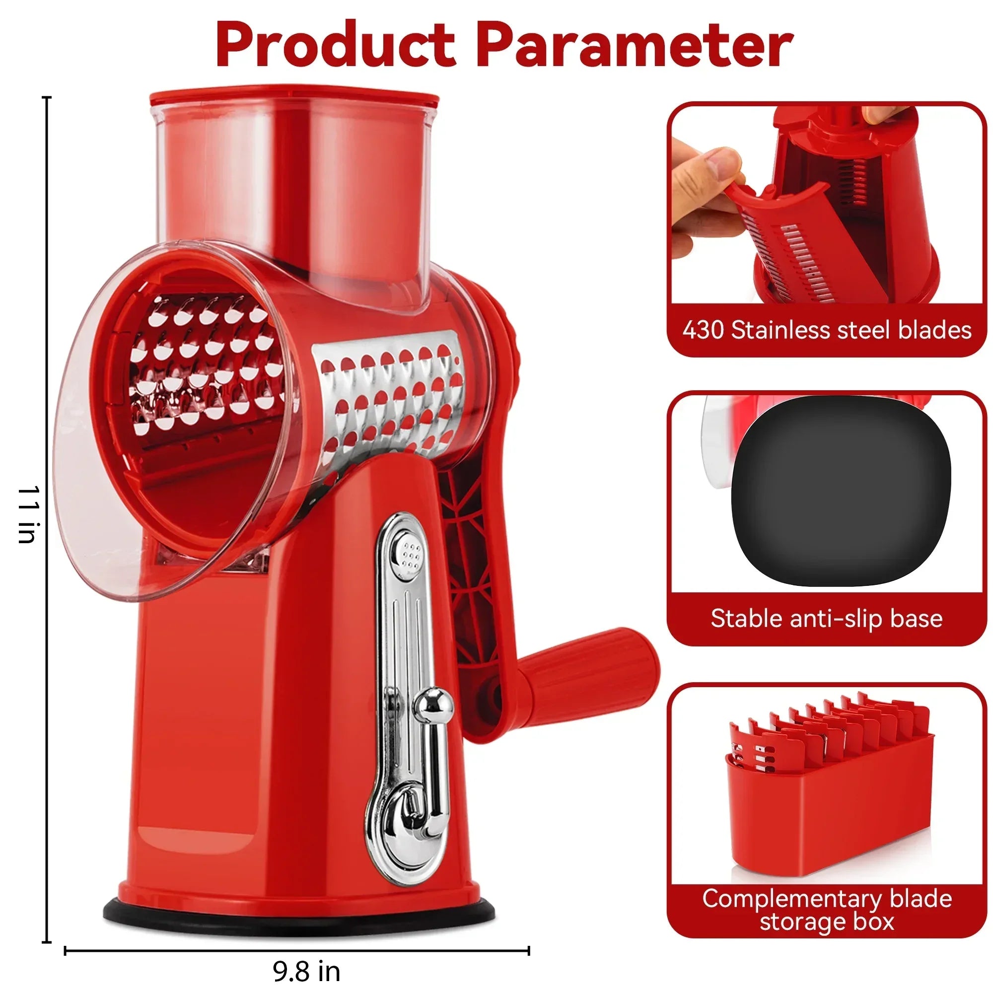 Pukomc Rotary Cheese Grater with Handle- 5 Blades, Suction Base, Mandoline Slicer & Veg Shredder with Blade Storage Box - USA MEGA SHOP